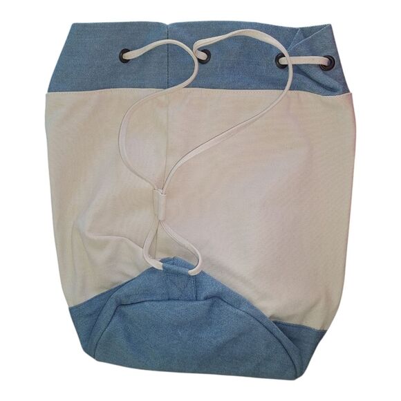 Drawstring Backpack NWOT Canvas Beach Bag Blue Cream GREAT BUNDLE ITEM Travel - Picture 4 of 13